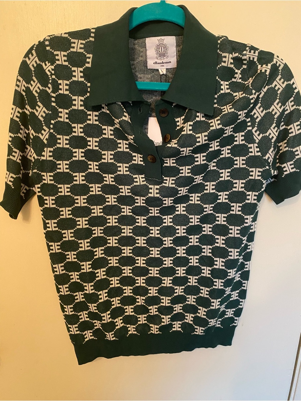 Ellandemm Green & Cream Geometric Monogram Print Knit Polo